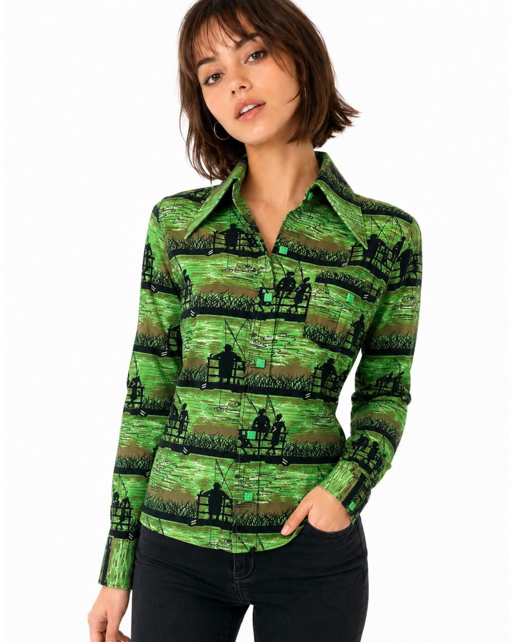 Vintage 70s Martini Green Novelty Fishing Print Polyester Shirt XS